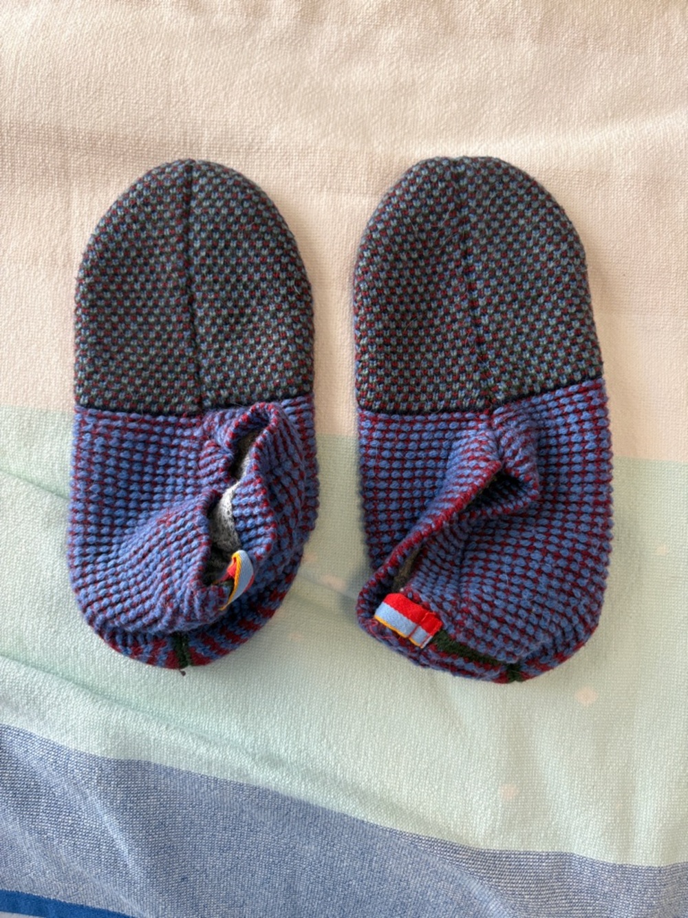 Bombas Knit Slip-On Socks in Purple and Blue with Red Accents Non skid sole